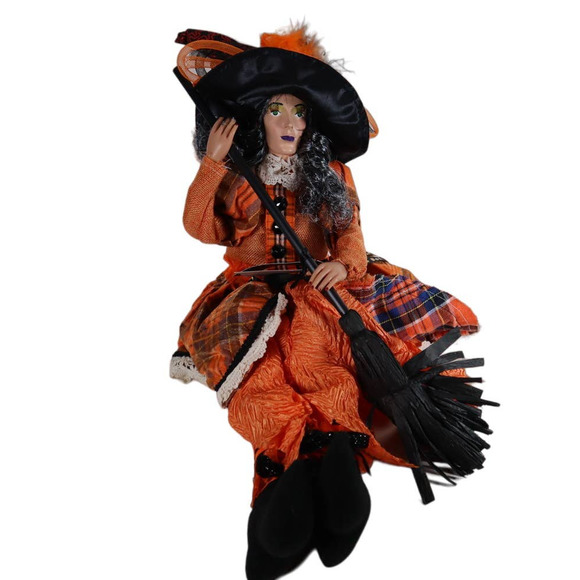 Broomstick Blvd Holiday Broomstick Blvd Halloween Orange Plaid Goth Witch Boo Sitting Shelf